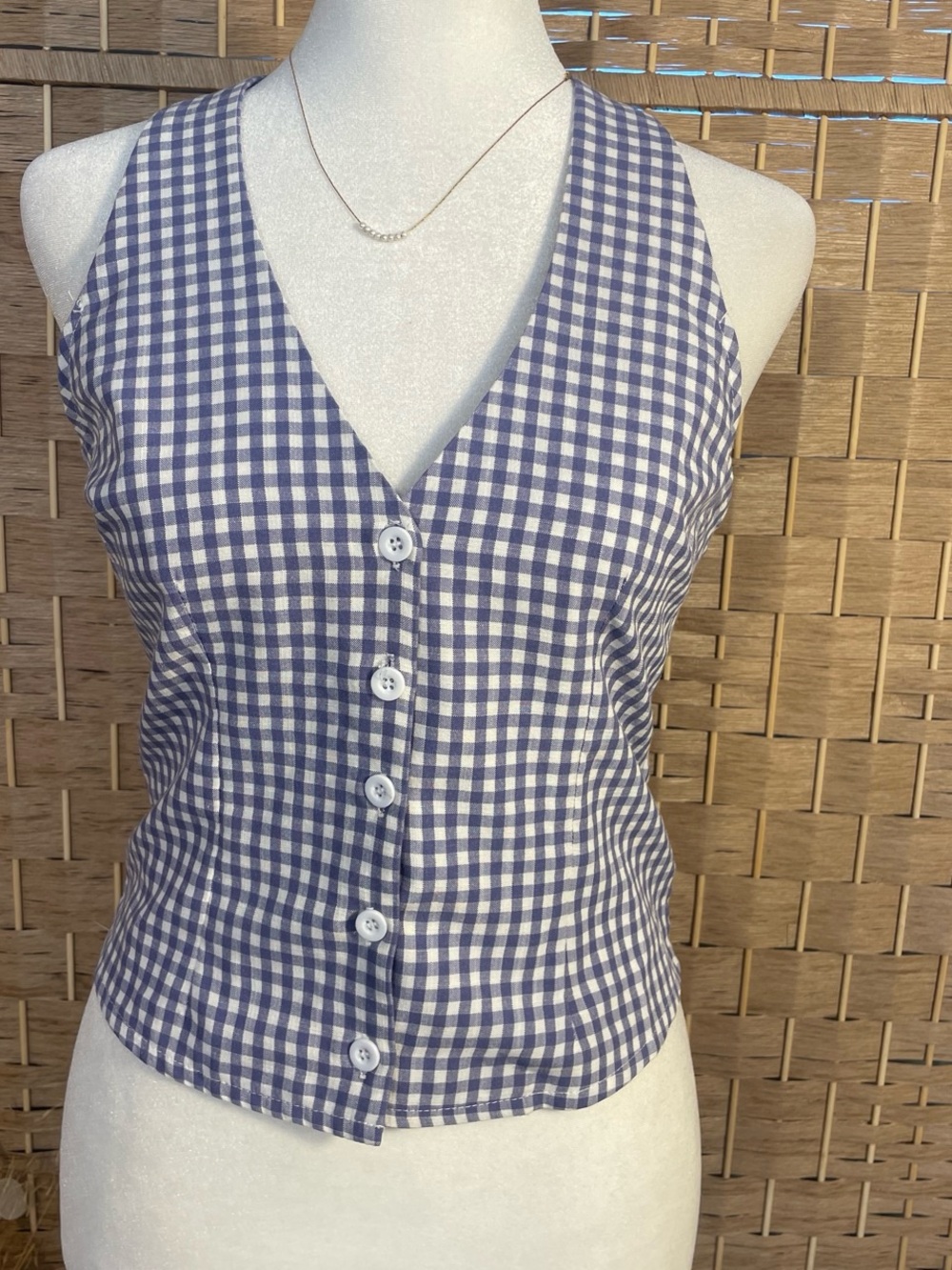 Sleeveless Gingham Button-Front Halter Top NWT Periwinkle Blue